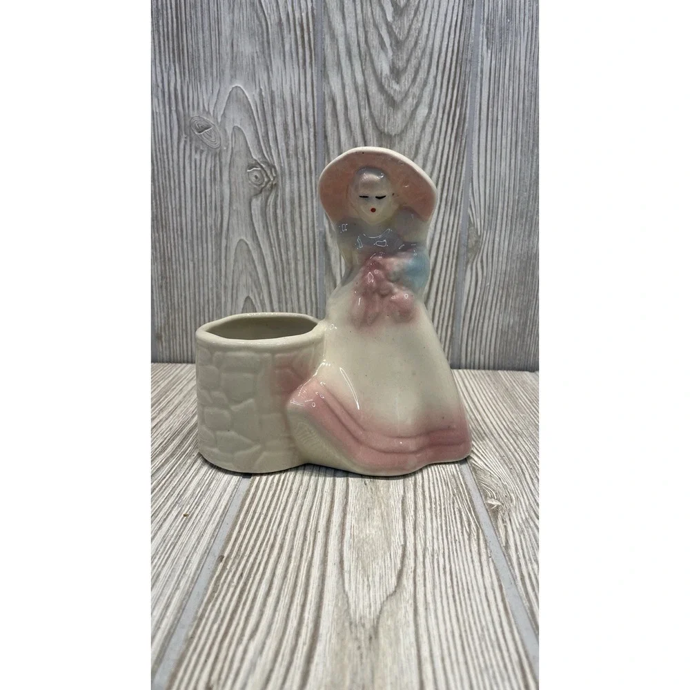 Vintage Ceramic Victorian Lady Planter Sun Hat Figurine Pink Blue Pastel Well